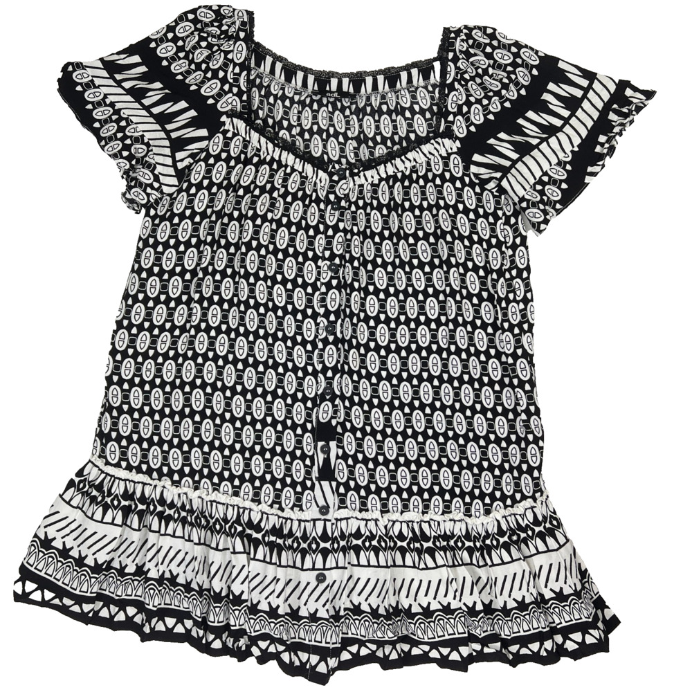 adL Black White Geometric Mini Dress Sz Large Flutter Sleeve Boho Tribal Casual